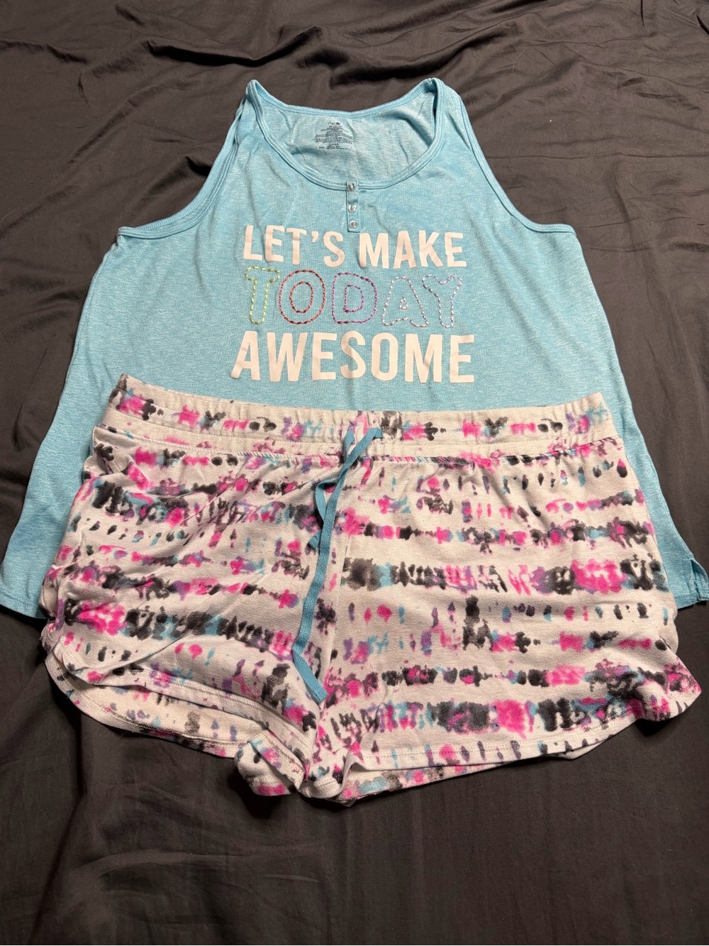 Secret Treasures Light Blue Tank Top with Multicolor Printed Shorts Pajama Set